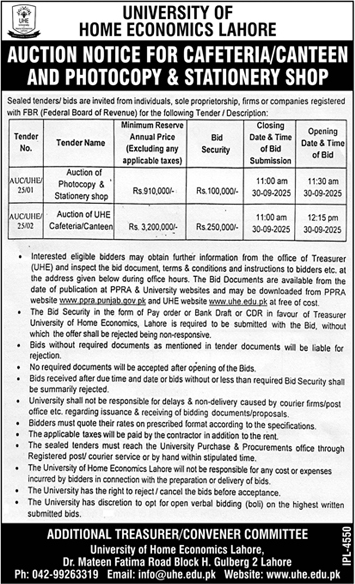 University of Home Economics Lahore Tender Notice